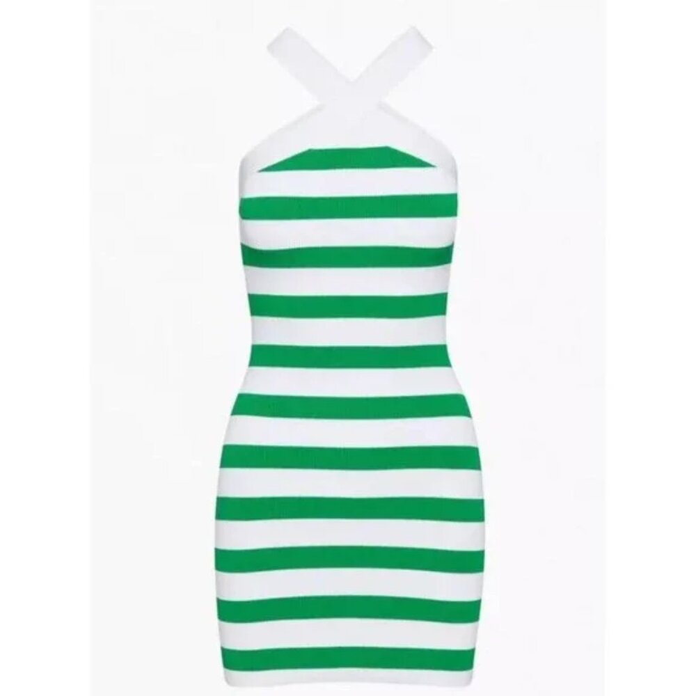 Aritzia Babaton Sculpt Knit Cross Neck Bodycon Dress Size S Green/White Stripe